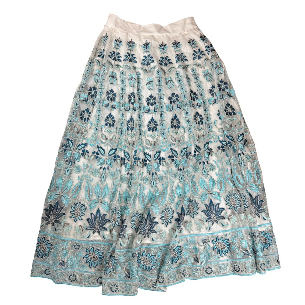 Soft Surroundings Icon Alexandria Skirt Aqua Scroll Embroidered Mesh Maxi S NEW